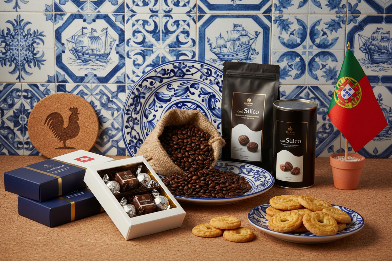 Photo avec Chocolats, cafés, biscuits de suisse avec une référence au Portugal, pays dans lequel ils seront vendus